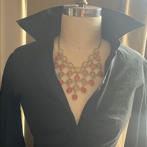 Statement Two-Tone Oval Bib Necklace - Coral and Yellow